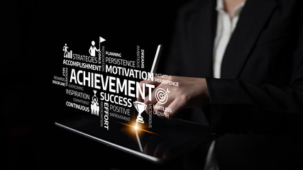 A creative representation of achievement and success featuring keywords and symbols, emphasizing...