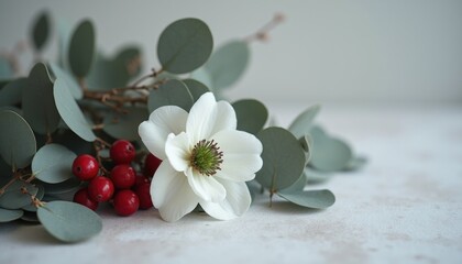 White flower with green leaves and red berries on a light background, minimalistic floral arrangement
