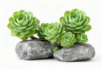 Green succulent plants growing on gray stones against a white background, showcasing natural beauty and minimalistic design.