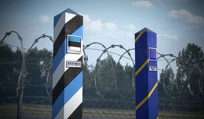 Border posts with flags of Estonia and European Union - 3d illustration