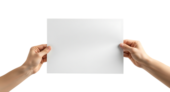 Hands holding a blank white sheet of paper isolated on transparent background