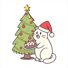 Happy Cat with Christmas Tree T-Shirt Design