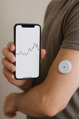 A person monitoring their health with a wearable biosensor glucose patch and a smartphone app.