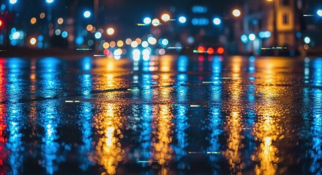 Cyberpunk Cityscape: Wet Pavement Reflecting Neon Lights with Digital Glitch Effect - Powered by Adobe