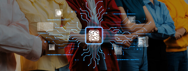 Group of diverse individuals standing together, surrounded by digital circuit elements, symbolizing technological innovation and connectivity in today society. Trope