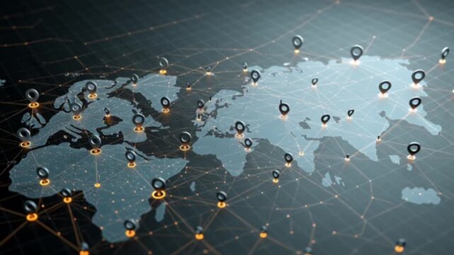 A cinematic close-up of a dynamic digital map with moving geo-tags marking locations, showcasing real-time tracking, navigation, geolocation data, and interactive mapping technology in motion