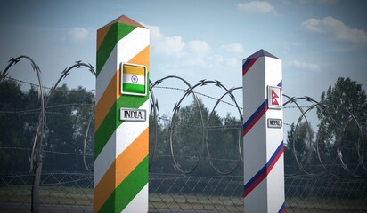 Border posts with flags of India and Nepal - 3d illustration