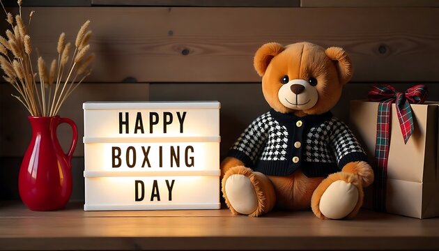 Boxing Day Shelf Decor with Teddy Bear, Gift Bag, Lightbox Sign, and Wheat Vase