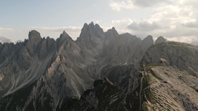 Cadini di Misurina viewpoint by drone at sunset, Italian Dolomites