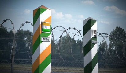 Border posts with flags of India and Pakistan - 3d illustration