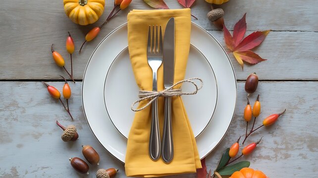 Rustic Autumn Table Setting with Pumpkins, Leaves, and Twine-Tied Utensils