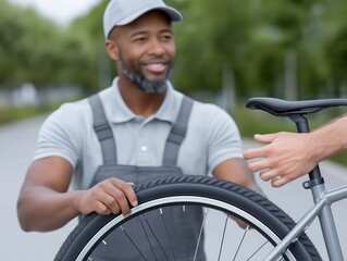 African American man, a bicycle mechanic wearing gray overalls, is handing a bicycle tire to a customer in a park, showcasing the bike repair service and friendly interaction