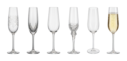 Champagne flutes set including plain, etched, ornate, and full flutes isolated. Luxury celebration glassware collection.