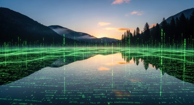 Digital Matrix Reflection: Serene Lake Landscape with Binary Code Overlay at Sunset