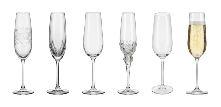Champagne flutes set including plain, etched, ornate, and full flutes isolated. Luxury celebration glassware collection.