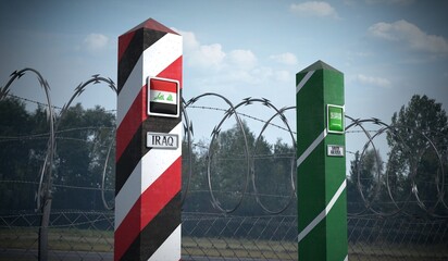 Border posts with flags of Iraq and Saudi Arabia - 3d illustration