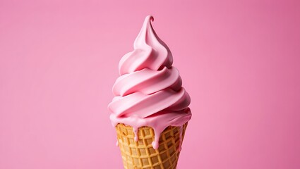 Delicious pink soft serve ice cream cone on a vibrant pink background sweetness and fun
