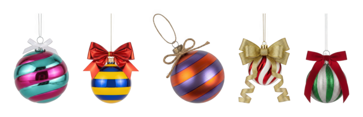 Christmas ornament set including striped, colorful, glossy, and glittery designs isolated. Festive holiday decoration collection.