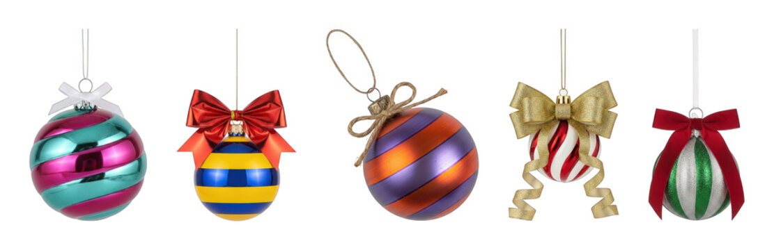 Christmas ornament set including striped, colorful, glossy, and glittery designs isolated. Festive holiday decoration collection.