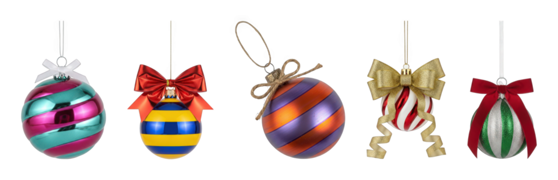 Christmas ornament set including striped, colorful, glossy, and glittery designs isolated. Festive holiday decoration collection. - Powered by Adobe