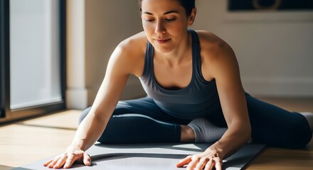 A woman practicing yoga indoors, focused and serene. 