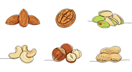 Assorted nuts including almonds, cashews, and pistachios on white background  