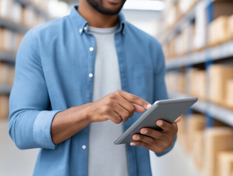 African American man in blue shirt using tablet in warehouse, surrounded by shelves of boxes, showcasing modern technology in logistics and inventory management