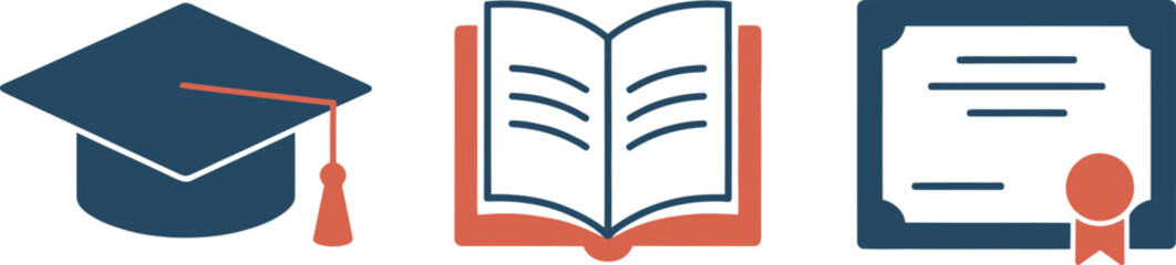 Obraz premium Vector art of graduation cap, open book, and certificate icons