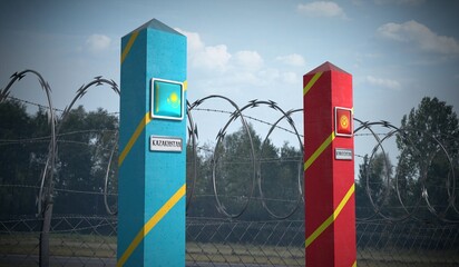Border posts with flags of Kazakhstan and Kyrgyzstan - 3d illustration