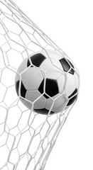 Soccer ball striking net in mid-air goal celebration