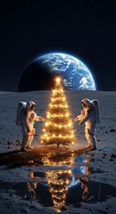 Astronauts celebrating christmas on the moon with illuminated tree and earth in background