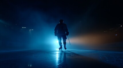Silhouette of hockey player on ice rink with dramatic lighting