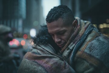 Obraz premium man wrapped in a warm blanket on a rainy city street at night, looking down with fatigue and loneliness, suitable for charity, shelter, or lifestyle campaigns