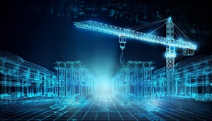 futuristic holographic construction site with glowing wireframe crane and digital building structure technology background