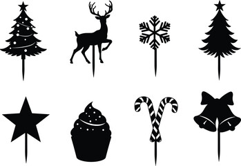 Christmas cake toppers with tree, reindeer, snowflake, star, cupcake, candy canes, bells, festive decoration picks, CAD drawing flat vector illustration