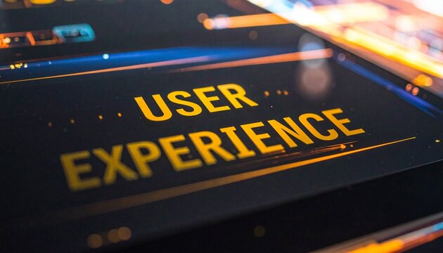 User Experience Text on Digital Screen with Glowing Lights and Abstract Bokeh Background