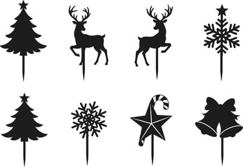 Christmas cake toppers with trees, reindeer, snowflakes, star, candy cane, bells, cupcake, festive decoration picks, CAD drawing flat vector illustration