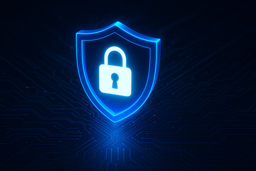 Cybersecurity protection concept with glowing shield padlock symbol representing digital safety secure data and privacy