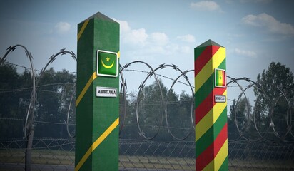Border posts with flags of Mauritania and Senegal - 3d illustration