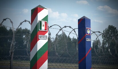 Border posts with flags of Mexico and Belize - 3d illustration
