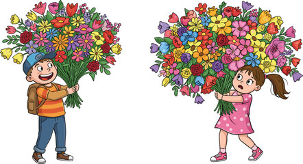 Children holding flower bouquets cartoon illustration, playful contrast and emotional gesture concept artwork for lifestyle, childhood, and symbolic design