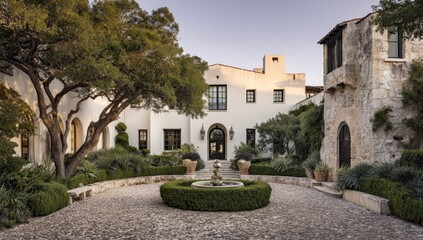 Elegant stucco mansion, lush gardens, stone courtyard, fountain centerpiece, tranquil exterior, warm light