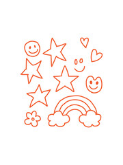 Cute Doodle Icons Set | Hand Drawn Stars Hearts Rainbow and Smiley Faces Illustration
