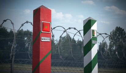 Border posts with flags of Morocco and Algeria - 3d illustration