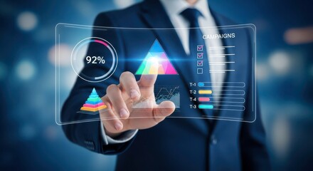 Businessman using futuristic interface with financial data