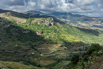 Caltavuturo, a historic Sicilian mountain town in the Madonie Mountains, featuring its medieval...