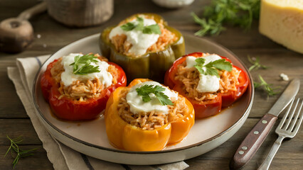 Albanian cuisine - Spetsa me jiz - stuffed peppers filled with rice and homemade cheese or cottage cheese.