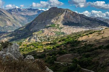 Caltavuturo, a historic Sicilian mountain town in the Madonie Mountains, featuring its medieval...