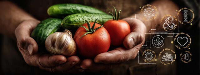 A hand holding a variety of vegetables including a tomato, onion, and cucumber