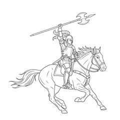 Medieval Knight on Horseback with Halberd Line Art.
